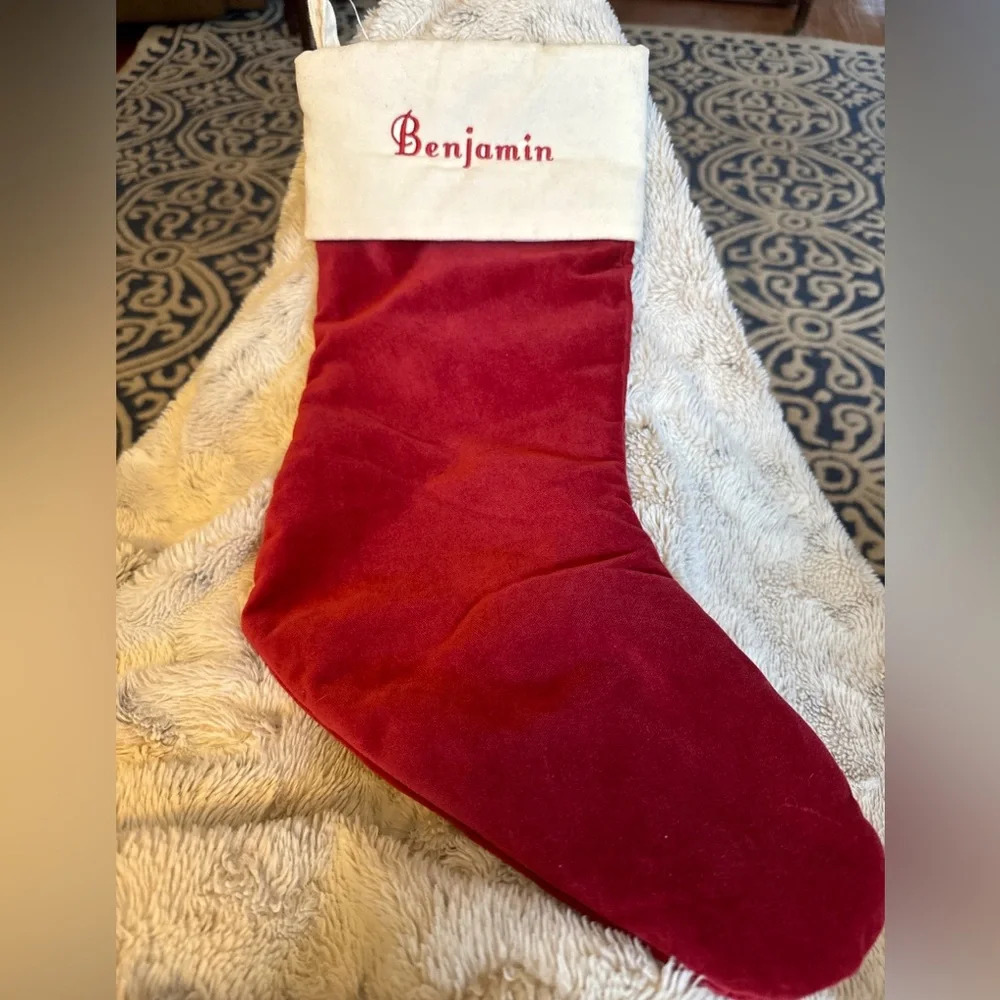 Pottery barn embroidered Benjamin red Velvety Feel white sock Christmas Stocking